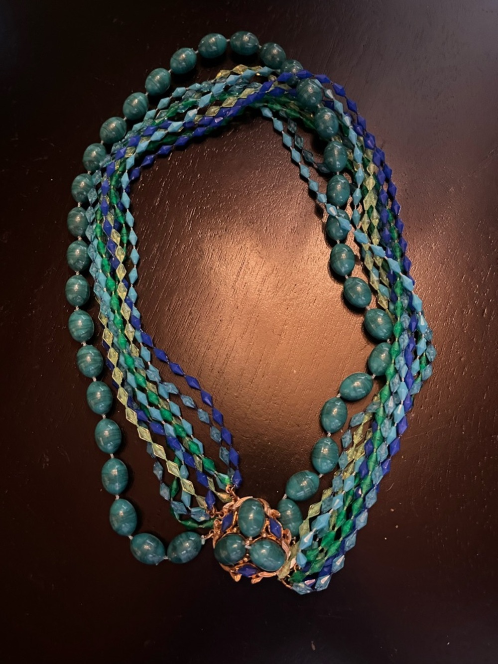 Vintage Multi-Strand Teal Beaded Statement Necklace Gold Tone